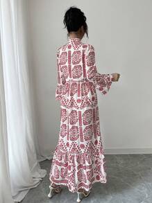 Breezaya Women's Elegant All-Over Print Notched Neck Flare Sleeve Dress - Red - View 2