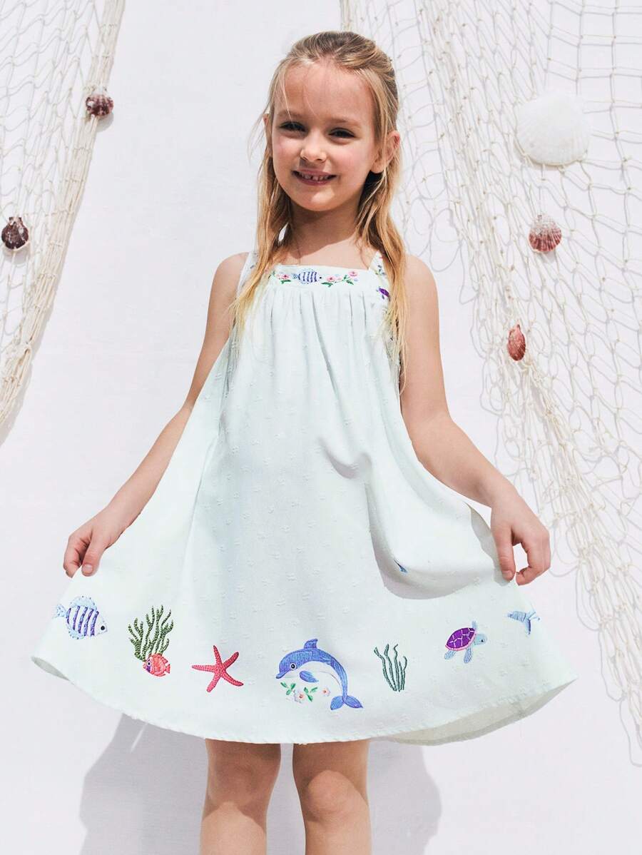 SHEIN 年轻女孩花卉印花褶饰休闲吊带背心连衣裙 - 彩色 - 查看 1