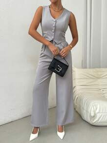 Chiquease Frauen Sommer lässig einfarbig ärmelloses Weste und lange Hose Anzug