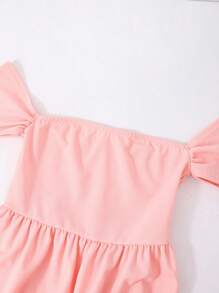 SHEIN Vestido elegante de unicolor rosa con lazo en la cintura para niñas adolescentes con hombros descubiertos - Rosa - Ver 4