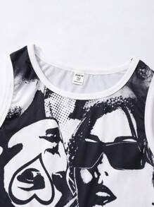 SHEIN 2pcs/Set Juniors/Teen Girls Graphic Print Camisole & Solid Color Functional Pocket Mini Skirt Outfit