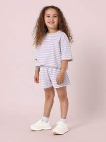SUMWON Two-Piece Matching Set Boxy Stripe Loungewear Summer Casual Athletic Play Set Striped Outfit School Vacation Comfy Athleisure Set