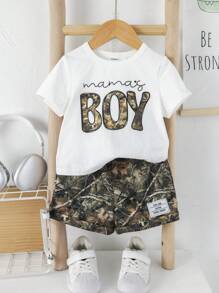SHEIN 2 件套男婴“母亲宝宝的第一个母亲节”服装，包括可爱的图案 T 恤和迷彩短裤，舒适的休闲日常穿着，适合室内、室外、活动、照片、节日、春夏季 - 白色 - 查看 6