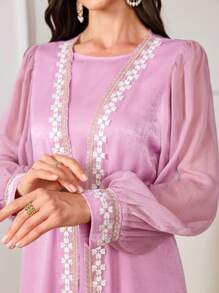 Al Najma Conjunto modesto de vestido de gasa con encaje en la parte delantera, chaleco y bata exterior de estilo abaya, con mangas de acetato de terciopelo gris-azul y diseño de parches