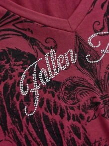 ROMWE Grunge Punk Women Grunge Style Distressed Wing Print Rhinestone Embellished Fitted T-Shirt - Red - View 3