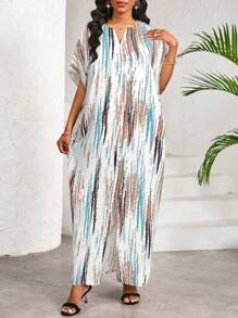 SHEIN Lady Vestido largo elegante y casual para trabajo y fiesta con estampado de rayas, cuello en V, abertura y mangas de mariposa para mujer - Marrón - Ver 4