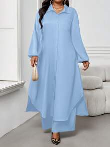 SHEIN Lady Autumn And Winter Casual Elegant Work Navy Blue Woven Shirt Collar Bishop Sleeve Pocket Long Long Sleeve Plus Size Co-Ords - Baby Blue - View 6