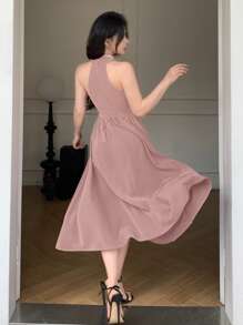 DAZY Vestido midi sin mangas con cuello en V plisado de unicolor para mujeres