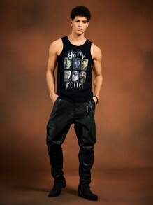 HARRY POTTER X SHEIN Men's Casual Fitted Knit Classic Figure Graphic Black Tank Top, Spring/Summer - Black - View 3
