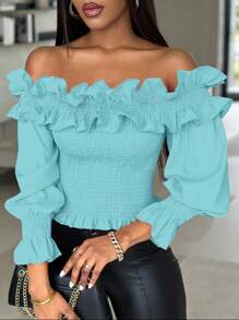 Chiquease Women's Solid Color Ruched Decor Off Shoulder Cropped Top - Teal Blue - View 4