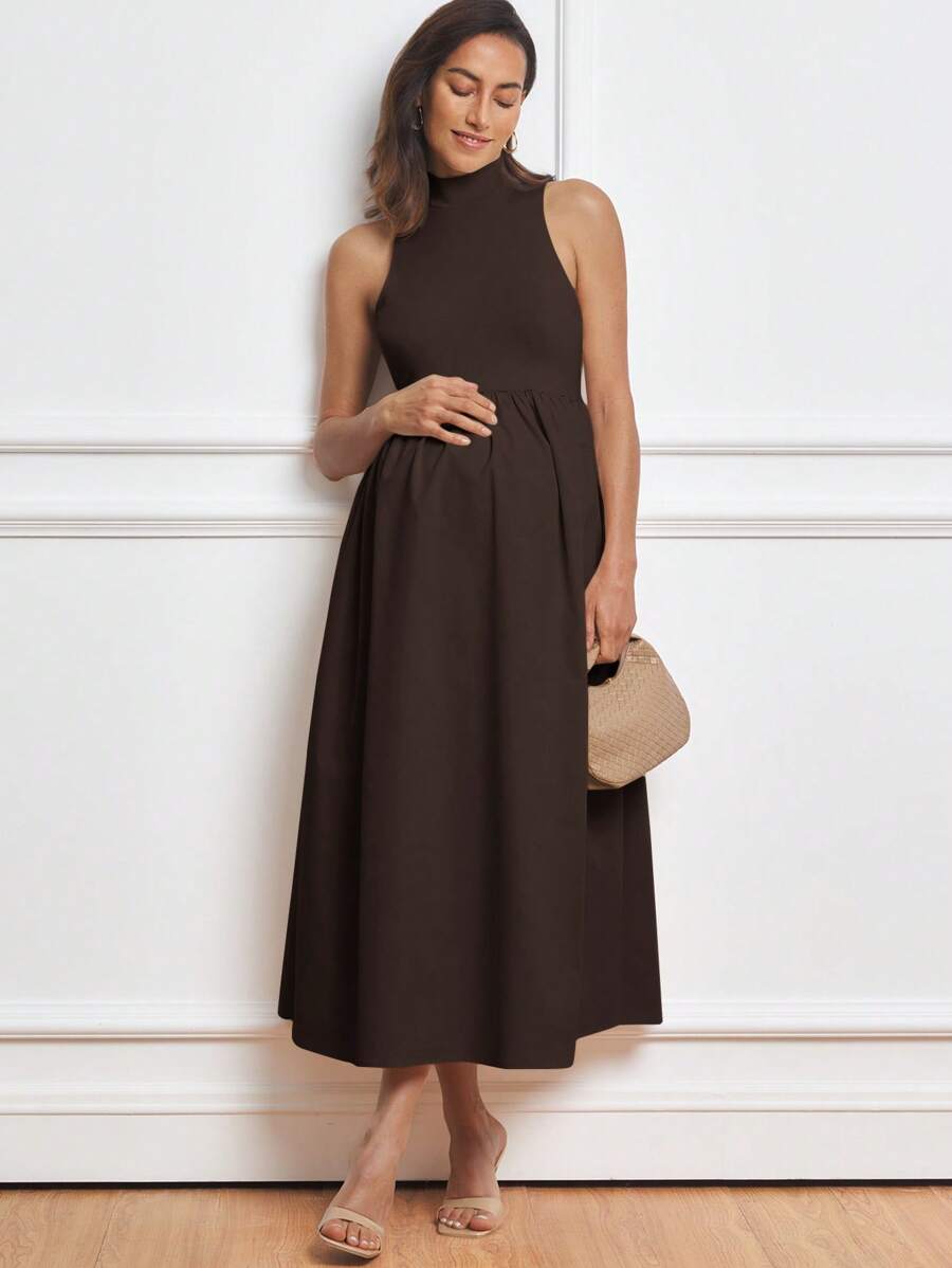 MaterniWear Solid Color Pleated Stand Collar Sleeveless Elegant Maternity Dress - Coffee - View 1
