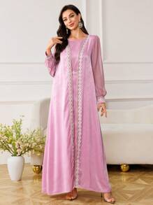 Al Najma Conjunto modesto de vestido de gasa con encaje en la parte delantera, chaleco y bata exterior de estilo abaya, con mangas de acetato de terciopelo gris-azul y diseño de parches