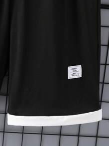 2pcs Set: Teenage Boys Casual Deep Blue Round Neck Short Sleeve T-Shirt With White Sleeve Cuffs & Letter Print, Paired With White Letter Patch Decorated Shorts, Summer Activewear