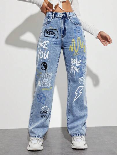 Slogan and Yin & Yang Print Jeans