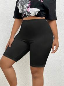 SHEIN EZwear 大码女式高腰纯色休闲百搭短款紧身裤、骑行短裤 - 黑色 - 查看 7