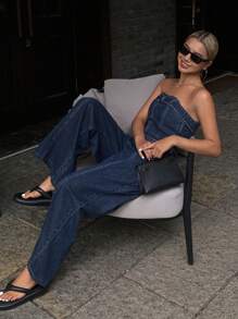 Livesso 女式夏季休闲牛仔连体裤 - 藍色 - 查看 5