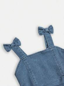 SHEIN Baby Girls' Versatile Casual Vacation Comfortable Cute Fashion Non-Stretch Bow Denim Ruffles Strap Sundress, Lightweight Summer - Medium Wash - View 4