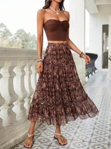 SHEIN VCAY 2pcs Set Women' Solid Color Knit Cropped Tube Tank Top & High Waist Loose Skirt - Khaki - View 5