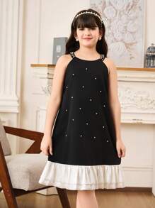 SHEIN Tween Girl' Beaded Pearl Decor Elegant Princess Ruffle Hem Dress - Multicolor - View 3