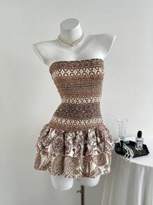 Elamini Summer Fashion Full Print Ruffle Hem Camisole Mini Dress