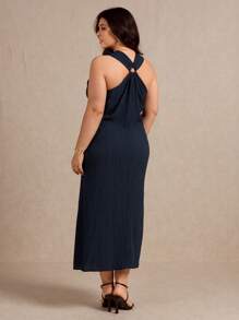 Elaquor Plus Solid Ring Detail Tank Dress - Navy Blue - View 2
