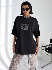 EURMUSE Maglietta donna a maniche corte, girocollo, in maglia tinta unita, vestibilità morbida, con applicazioni di strass e slogan, comoda e casual per il tempo libero e l'uscita