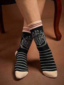 HARRY POTTER X SHEIN 2 pares de calcetines transpirables y suaves de media pantorrilla, con diseño de la lechuza Hedwig de Hogwarts, con refuerzo en el dedo del pie y el talón, adecuados para todas las estaciones, en blanco y a rayas, unisex para hombres y mujeres - Multicolor - Ver 6