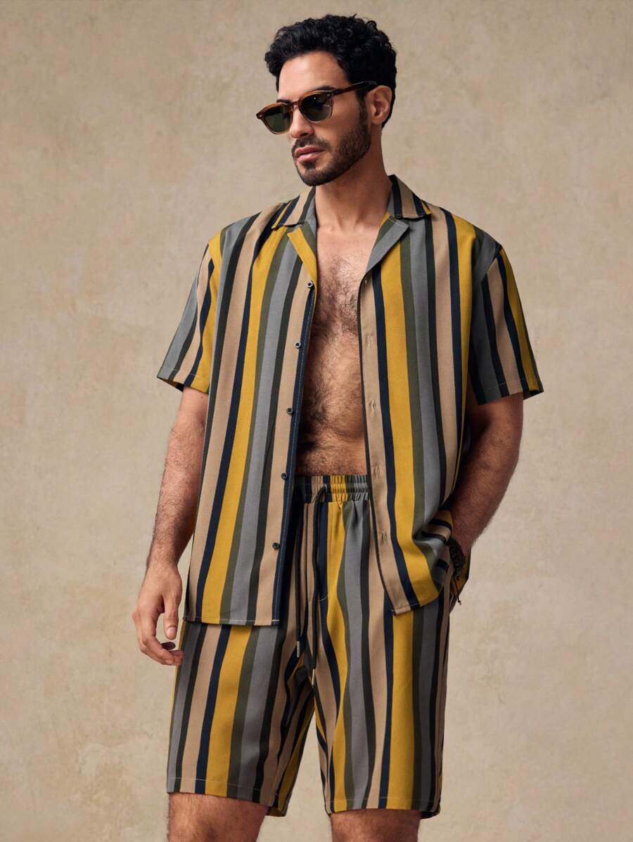 GENTILAND 2pcs Men Casual Striped Print Mandarin Collar Short Sleeve Shirt & Drawstring Waist Straight Leg Shorts Set - Multicolor - View 1