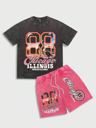 Prep Conjunto de camiseta de manga corta y pantalón corto con estampado de letra para hombre