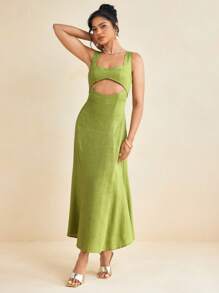 Amiko Spring Summer Lime Green Smocking Back Gored Midi Dress With Cutouts - Green - View 7