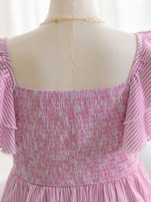 SHEIN WYWH 大码女式返校可爱休闲条纹衬衫，带蝴蝶结、荷叶边和收腰 - 彩色 - 查看 8