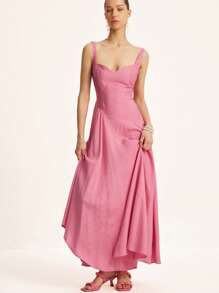 Chiquease 优雅复古宽肩心形领口无袖收腰不对称拼接透明纹理超长 A 字形连衣裙 - 粉色 - 查看 5