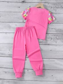 SHEIN Genkimix Kids Young Girls' Floral Print Casual T-Shirt And Pants Set,Summer Family Matching Clothing Sets,Short Sleeve Sporty Outfits For Daily Outings And Holiday - Hot Pink - View 2