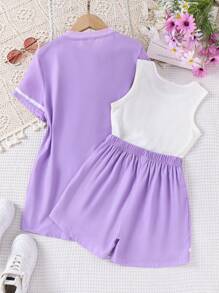 SHEIN Explorewe 少女字母圖形背心、短褲、襯衫套裝 - 彩色 - 查看 2