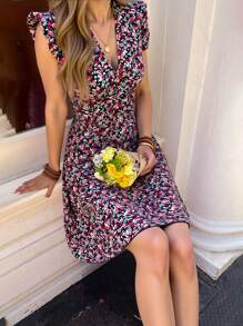 Serisse Ditsy Floral V-Neck Sleeveless Ruffle Trim Waist-Cinching Short Dress - Multicolor - View 6