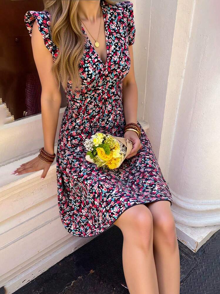 Vestido corto de verano con estampado floral menudo, cuello en V, mangas tipo volante, cintura con pliegues y silueta para mujer, ideal para vacaciones, primavera y ropa de verano elegante - Multicolor - Añade 6