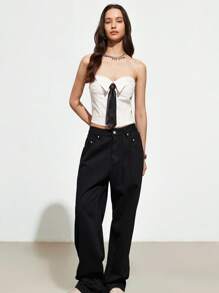 Aveloria GENKIRA Nueva blusa de moda sexy y versátil con diseño de corbata sin tirantes, con cintura ajustada de espina de pescado, para mujeres de estilo universitario - Blanco - Ver 2
