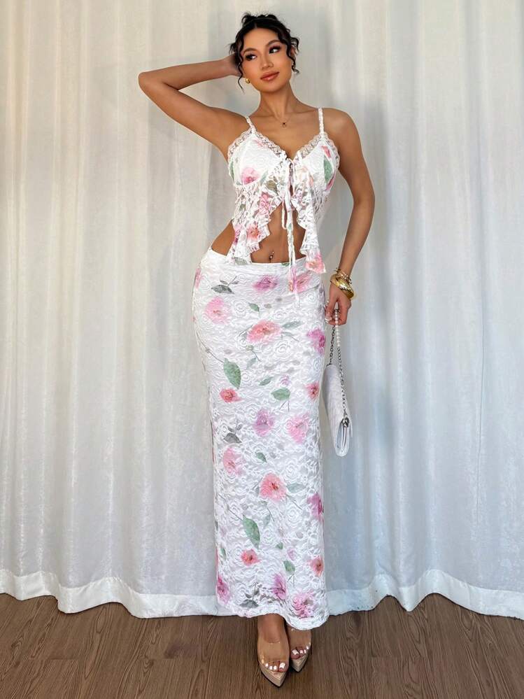 Chiquease 2pcs Set: Elastic Print Lace Collar Embroidery Floral Design Fitted Camisole Top With Ruffle Hem & Low-Waist A-Line Skirt, Bowknot Front, Elegant Sexy Y2K Glamorous Style For Women, Spring/Summer - White - View 3