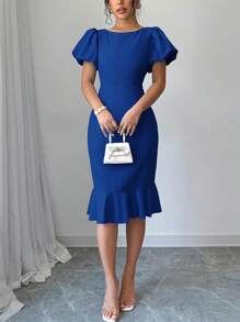 Elenzga Women Solid Color Round Neck Petal Sleeve Ruffle Hem Dress - Royal Blue - View 6