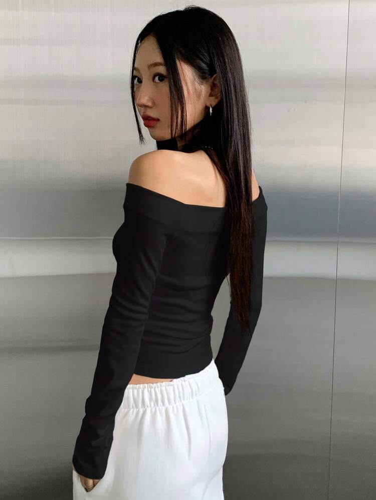 Solid Color Off Shoulder Pleated Casual Long Sleeve T-Shirt, Suitable For Summer