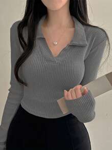 DAZY Women's Solid Color Long Sleeve Ribbed Casual Collar T-Shirt - Light Grey - View 4