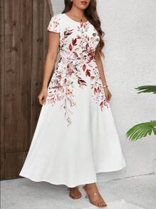 SHEIN Clasi 休闲花卉和叶子印花圆领短袖大码连衣裙，夏季 - 彩色 - 查看 6