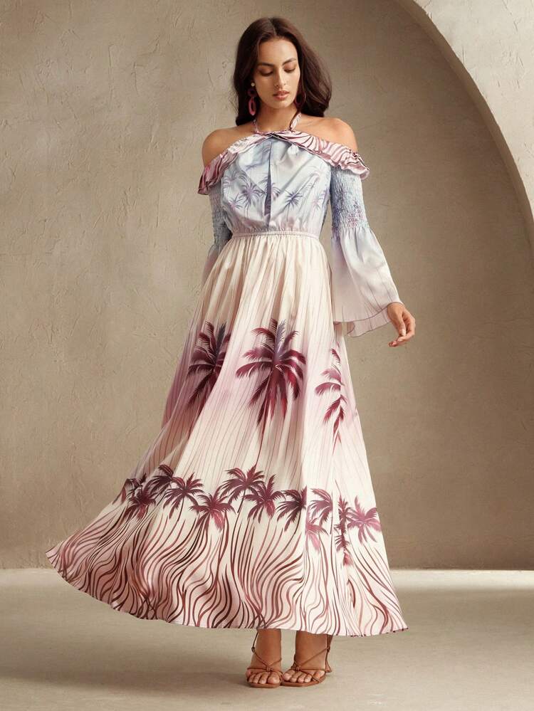 Halterneck Bohemian Style Palm Tree Print Vacation Dress For Spring/Summer