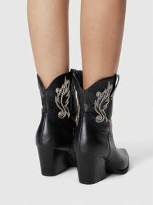 ROMWE Fairycore 女士尖头粗跟对称刺绣西部靴、牛仔靴、新款秋冬皮革一脚蹬踝靴和短靴、女牛仔靴