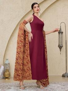 Al Najma Women's Floral Print Asymmetric Neck Elegant Arabic Style Dress