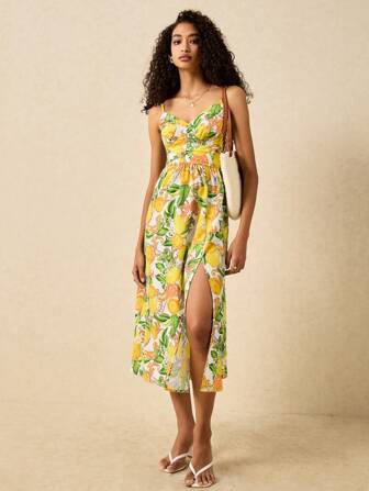 Poéselle 女式度假休闲全印花开衩吊带中长连衣裙