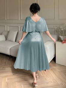 DAZY Elegant Solid-Color V-Neck Mid-Length Dress For Women, Suitable For Wedding Guests In Summer Dress - Teal Blue - View 2