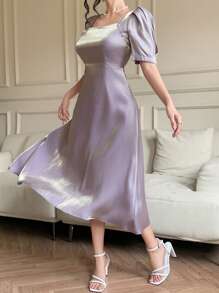 DAZY Solid Color V-Neck Puff Sleeve Women Long Dress - Purple - View 8