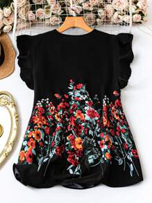 SHEIN Clasi Plus Size Holiday Casual Floral Print Ruffle Trim Shirt - Black - View 2