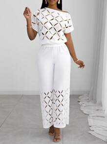 Slaydiva 25新款夏装优雅度假斜肩一字肩插肩袖短袖烧花菱格纹宽松上衣+下摆烧花阔腿裤特长裤白色女两件套 - 白色 - 查看 6